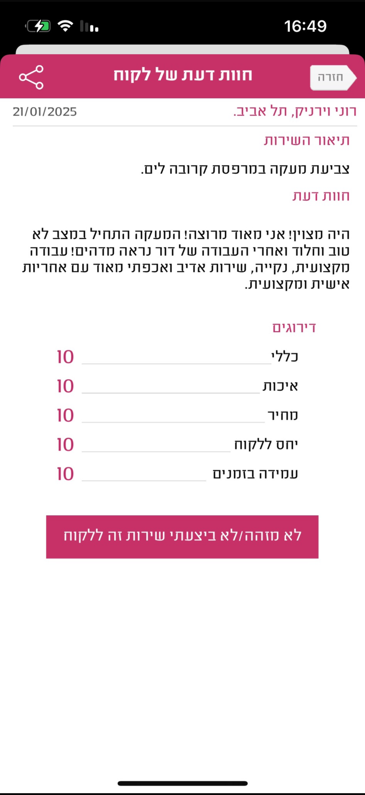 חוות דעת - רוני וירניק תל אביב, 10/10